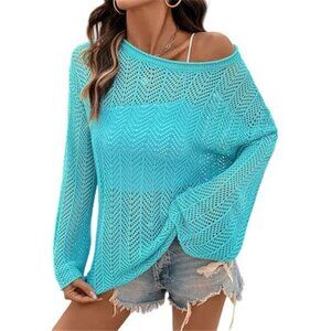Light Blue Crochet Beach Cover Up Bell Sleeve Mesh Sweater